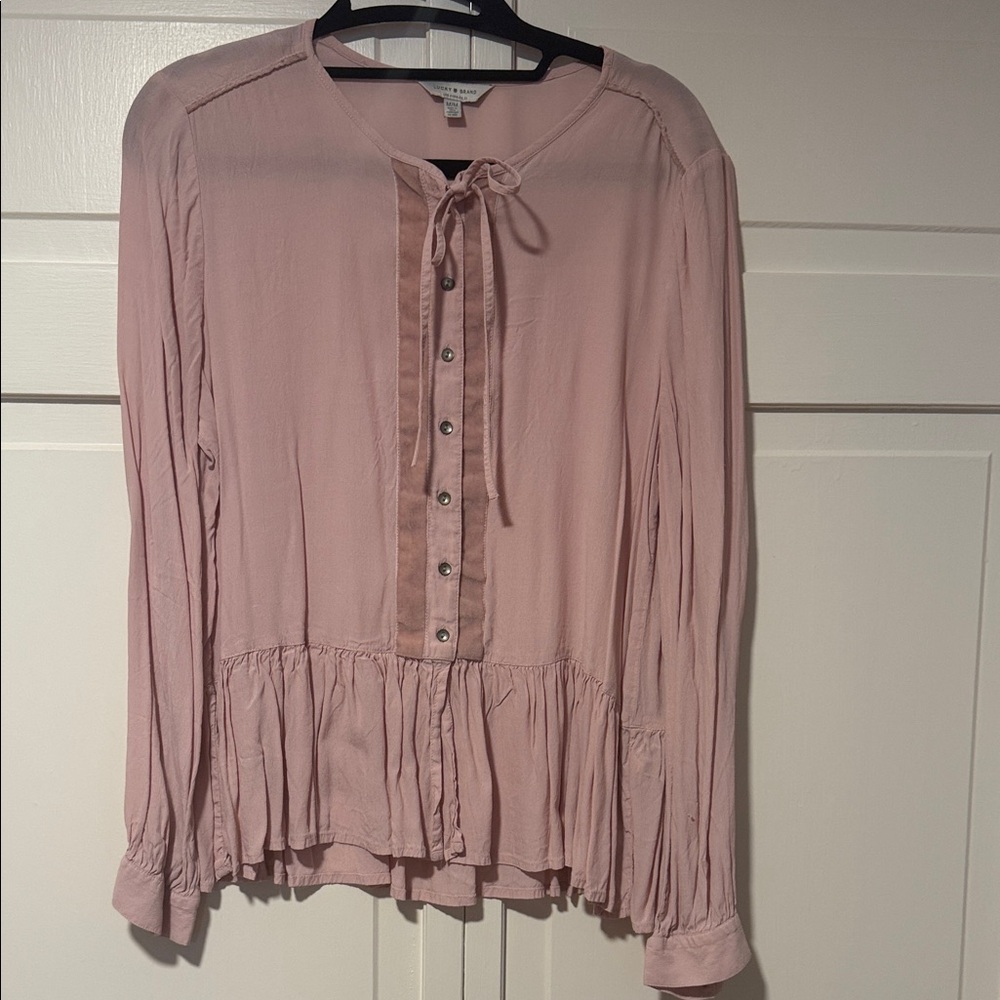 Lucky Brand Blush Pink Ruffle Pheasant Blouse with button and tie features
